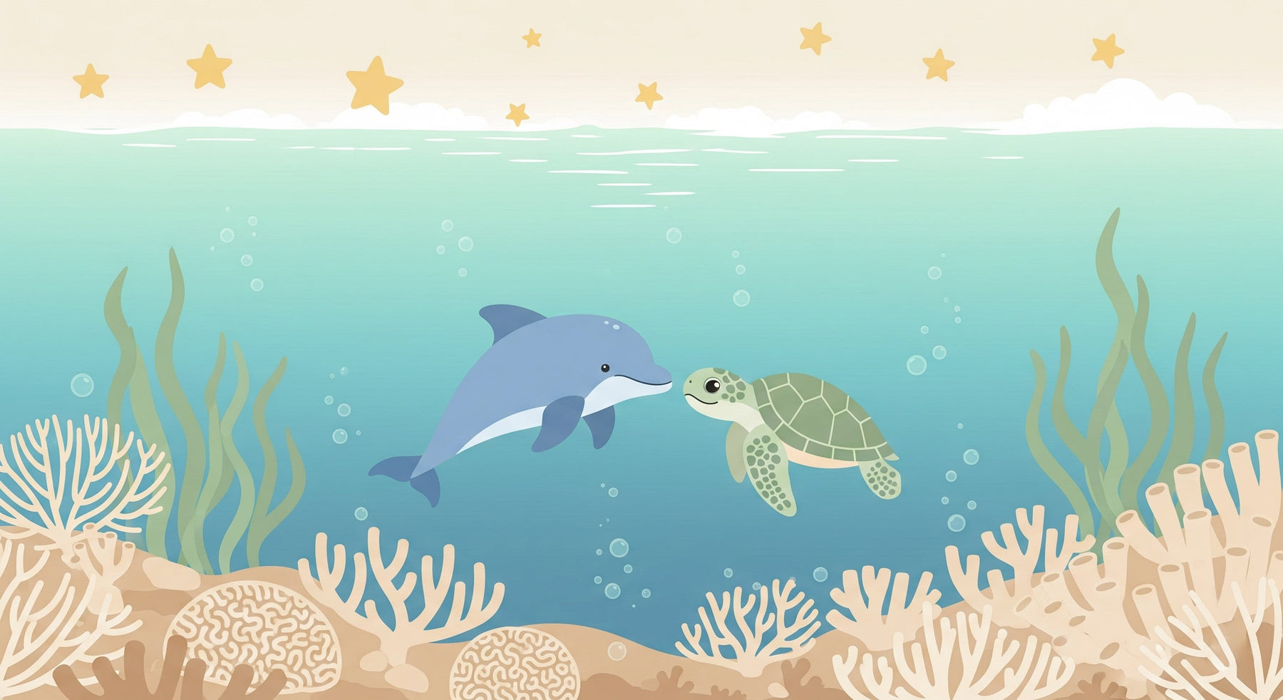 Detailed ocean dolphin and turtle mural wallpaper design pattern with coral and golden stars by Kids-Mundo