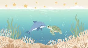 Detailed ocean dolphin and turtle mural wallpaper design pattern with coral and golden stars by Kids-Mundo