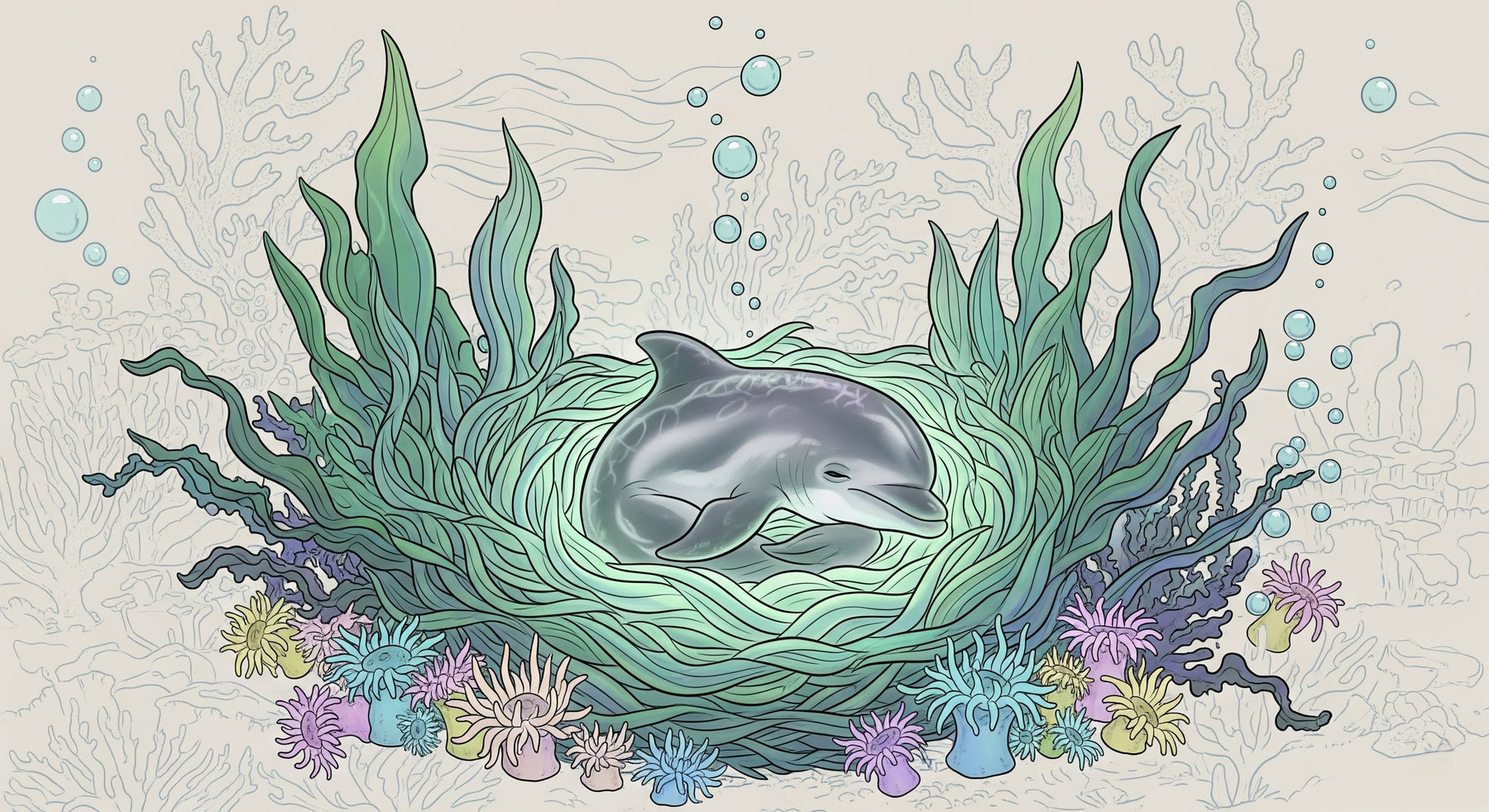 Detailed ocean dolphin mural wallpaper design pattern with coral and seaweed by Kids-Mundo