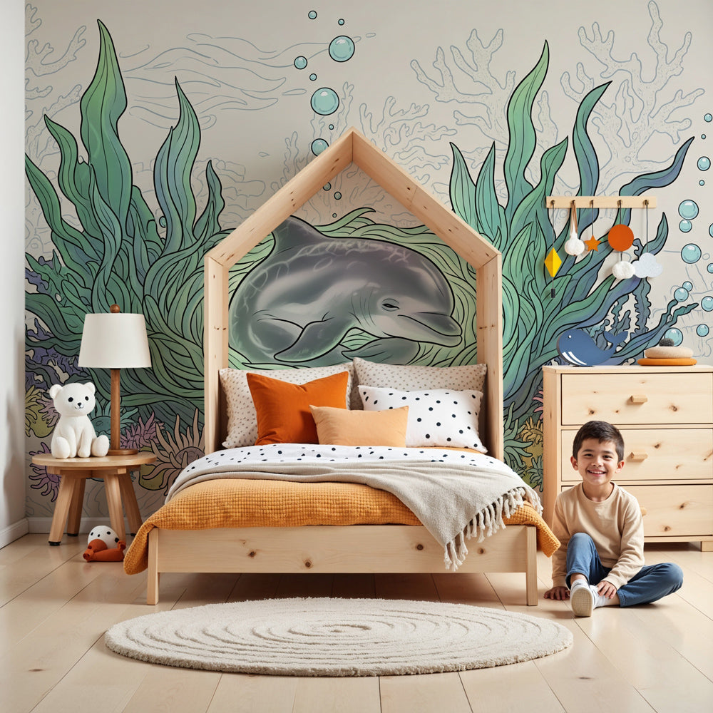 Ocean dolphin mural wallpaper creating underwater themed nursery decor by Kids-Mundo