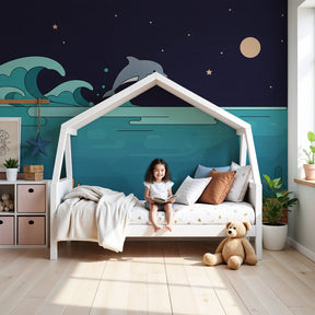 Ocean dolphin mural wallpaper creating underwater themed nursery decor by Kids-Mundo