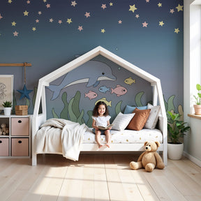 Ocean dolphin mural wallpaper in modern nursery with underwater theme by Kids-Mundo