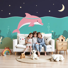 Ocean dolphin mural wallpaper in modern nursery with starry underwater scene by Kids-Mundo