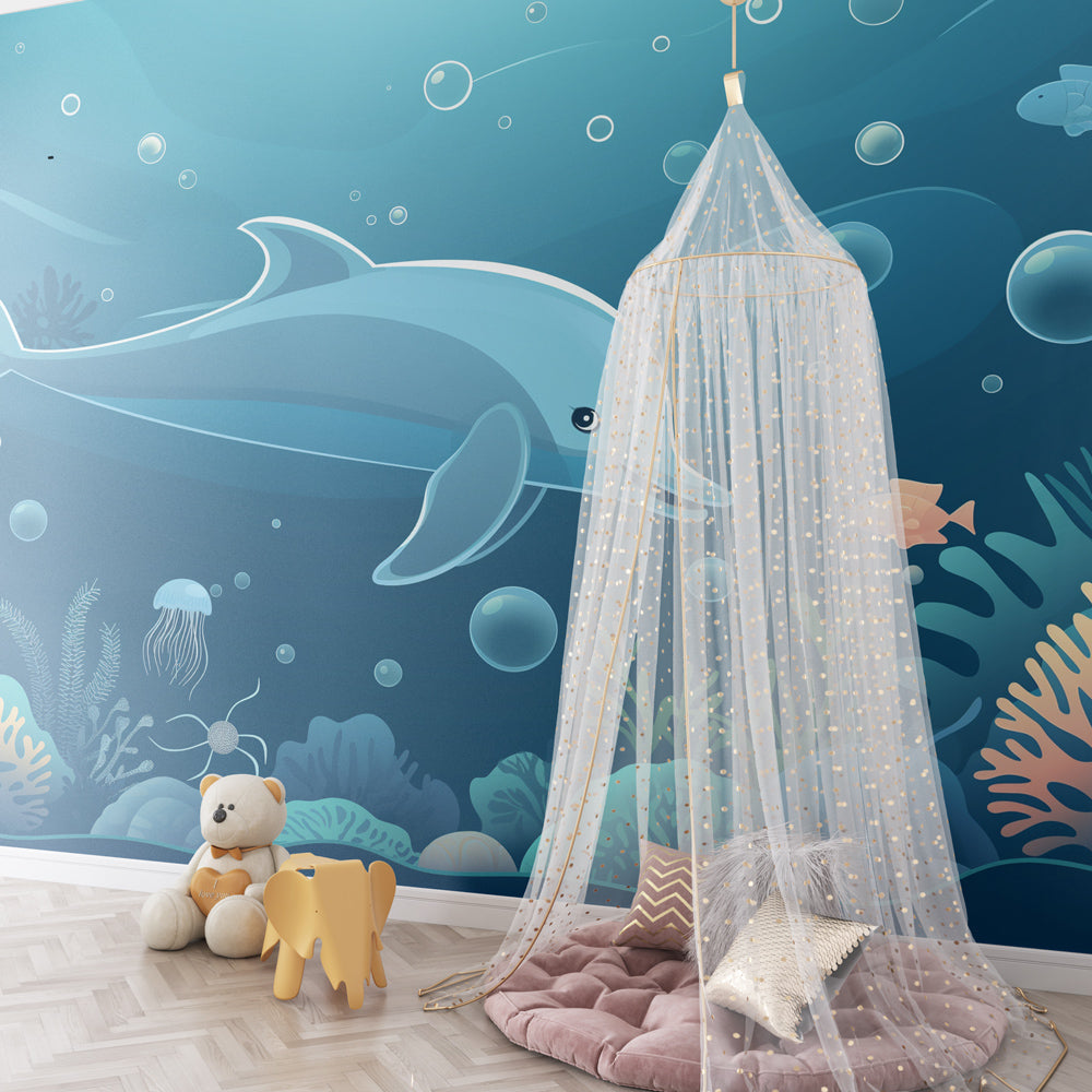 Underwater themed dolphin wallpaper creating serene nursery decor with coral reef design