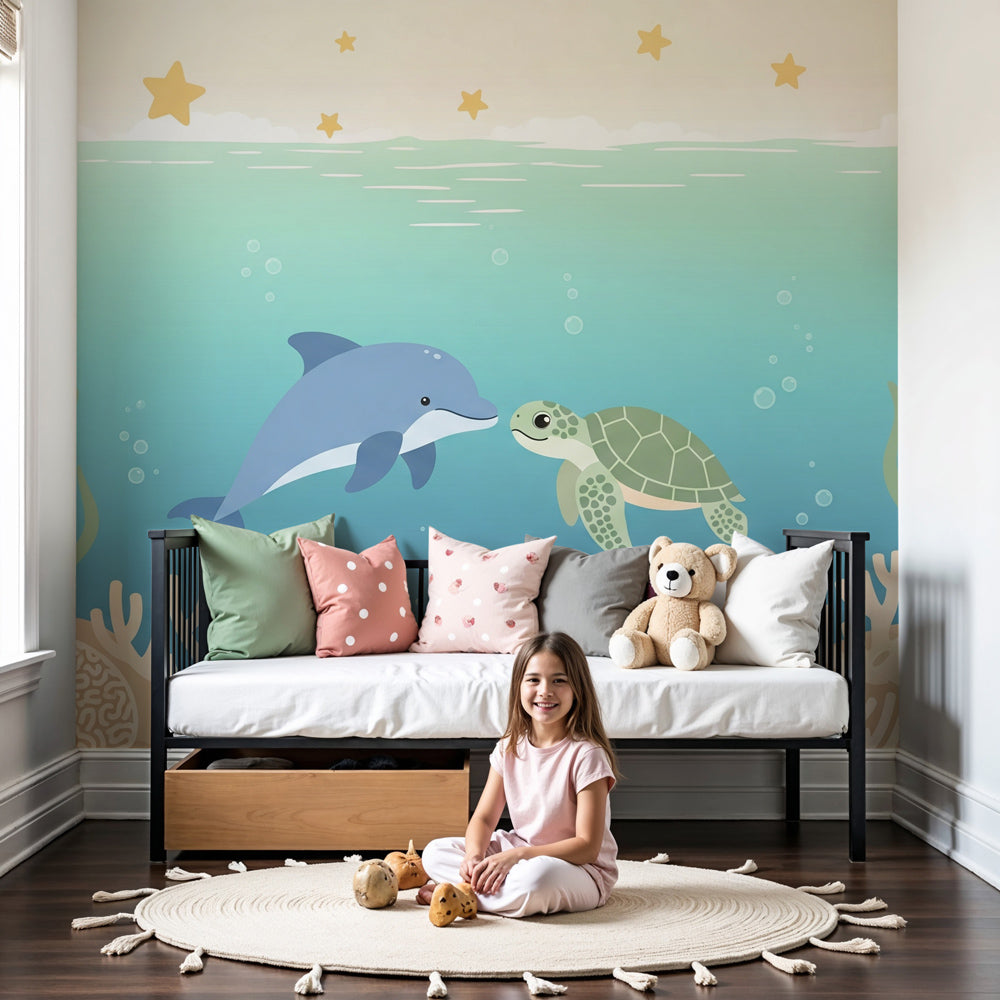 Ocean dolphin mural wallpaper creating underwater themed nursery decor with turquoise and beige tones by Kids-Mundo