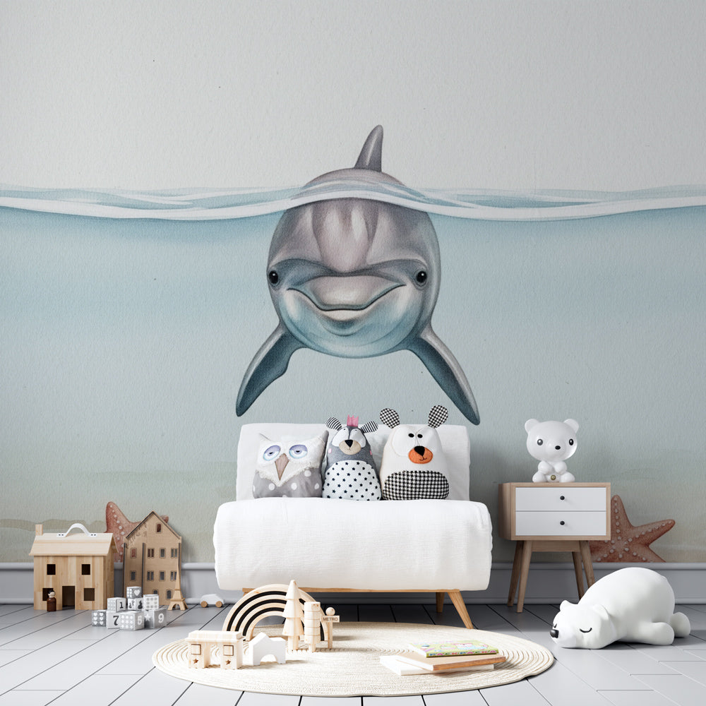 Marine life mural wallpaper with smiling dolphin for kids playroom by Kids-Mundo
