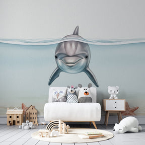 Marine life mural wallpaper with smiling dolphin for kids playroom by Kids-Mundo