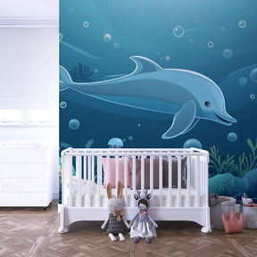 Marine life mural wallpaper featuring dolphin and coral reef in children's playroom