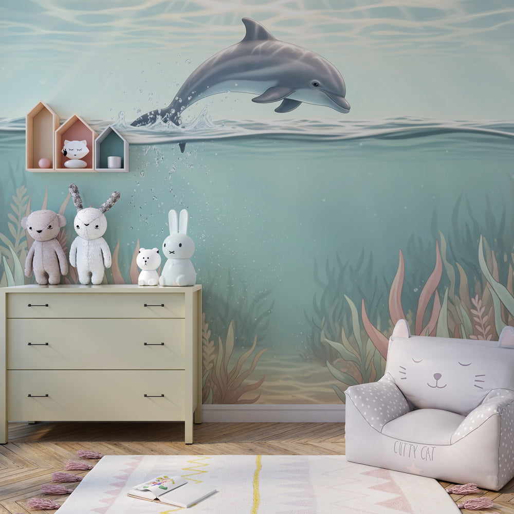 Marine dolphin mural wallpaper with colorful sea plants for kids room by Kids-Mundo