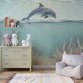 Marine dolphin mural wallpaper with colorful sea plants for kids room by Kids-Mundo