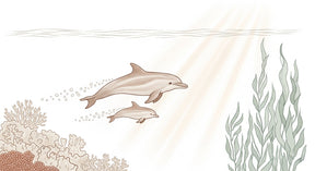 Detailed ocean dolphins mural wallpaper design pattern with coral and seaweed by Kids-Mundo