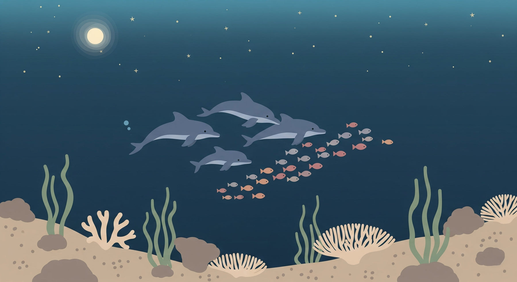 Detailed ocean dolphins mural wallpaper design pattern with marine life and coral reef by Kids-Mundo