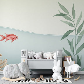 Marine themed mural wallpaper with red fish and corals for peaceful baby nursery