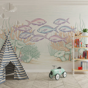 Marine coral mural wallpaper transforming children's bedroom into peaceful underwater sanctuary