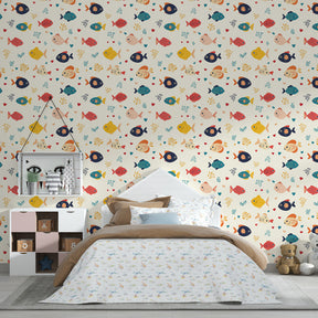 Underwater fish wallpaper transforming kids bedroom into marine paradise with coral elements