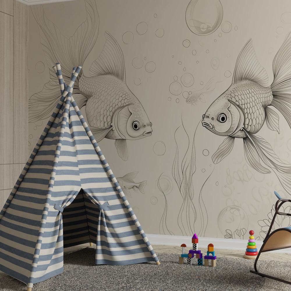 Aquatic themed mural wallpaper creating serene underwater atmosphere in children's bedroom