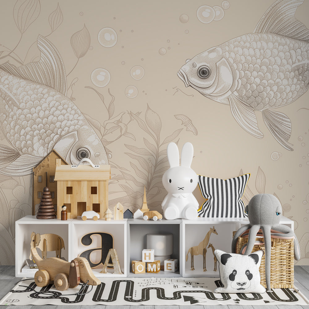 Aquatic mural wallpaper with soft beige tones for calming kids room atmosphere by Kids-Mundo