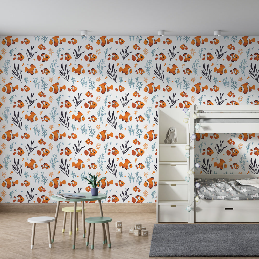 Vibrant coral reef mural wallpaper with dancing clownfish for kids room decor