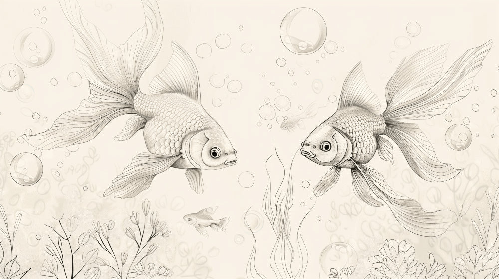 Detailed ocean fish mural wallpaper design pattern with golden fish and floating bubbles by Kids-Mundo