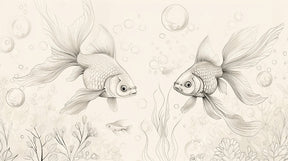 Detailed ocean fish mural wallpaper design pattern with golden fish and floating bubbles by Kids-Mundo