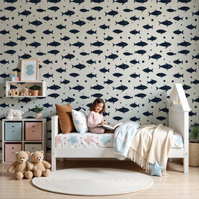 Ocean fish mural wallpaper creating serene underwater nursery with stylized marine designs by Kids-Mundo