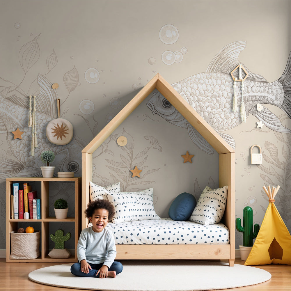 Ocean fish mural wallpaper creating serene aquatic nursery decor with golden fish by Kids-Mundo