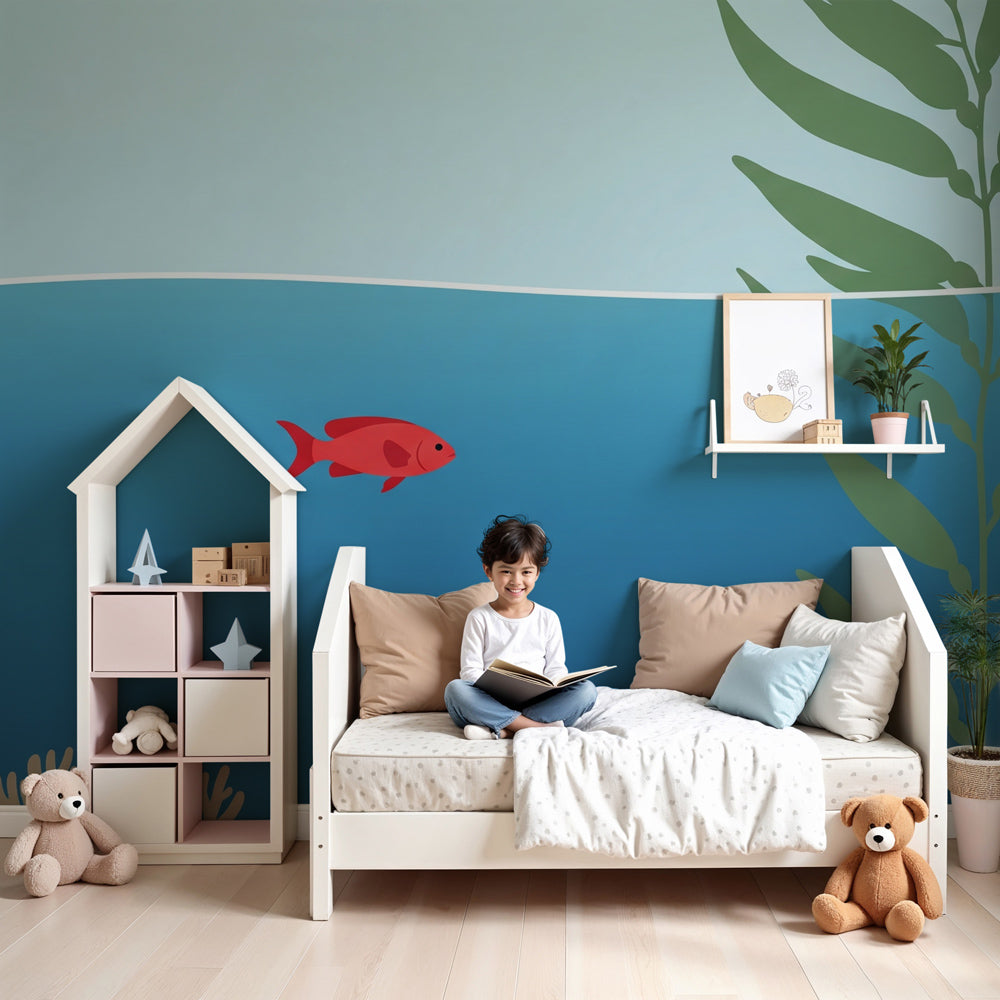 Ocean fish mural wallpaper creating peaceful underwater atmosphere in modern kids nursery by Kids-Mundo
