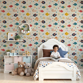 Ocean fish mural wallpaper creating underwater themed nursery with colorful coral design by Kids-Mundo