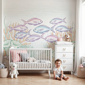 Ocean fish mural wallpaper creating underwater nursery decor with colorful coral scene by Kids-Mundo