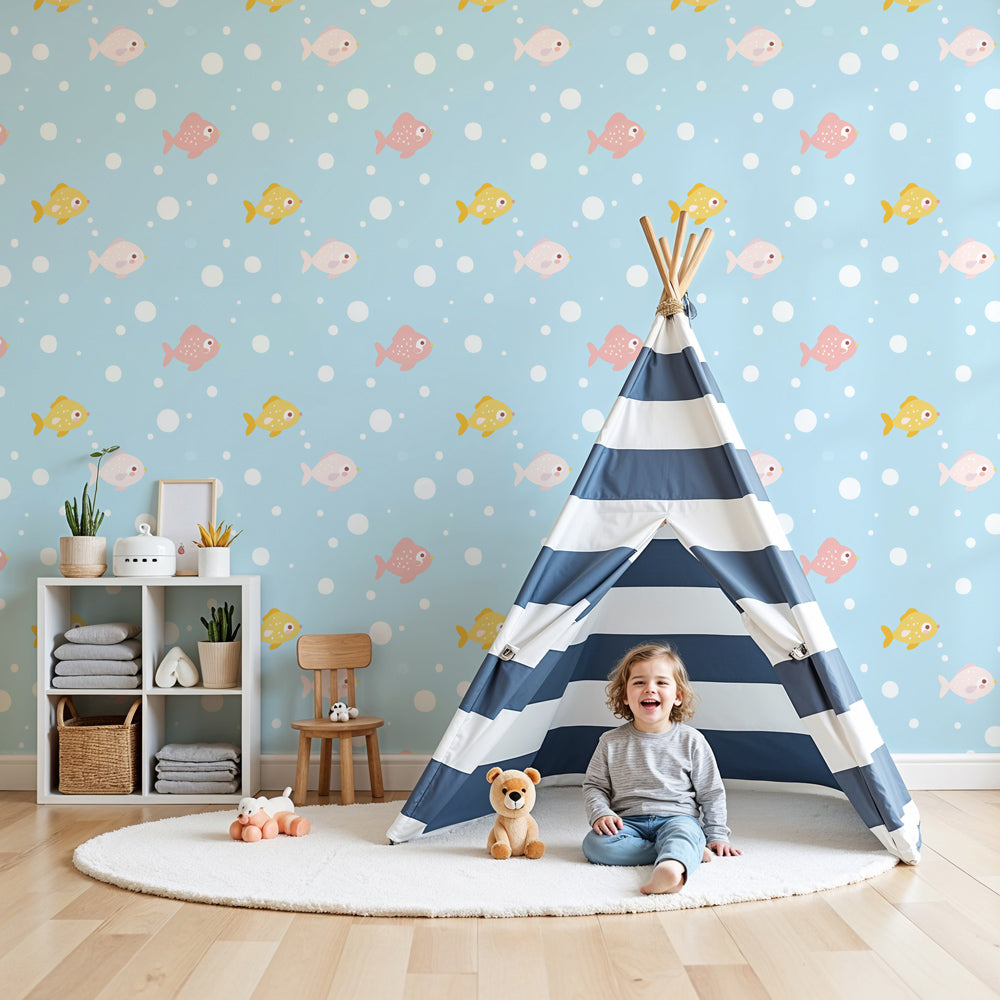 Colorful ocean fish mural wallpaper decorating a peaceful nursery room by Kids-Mundo