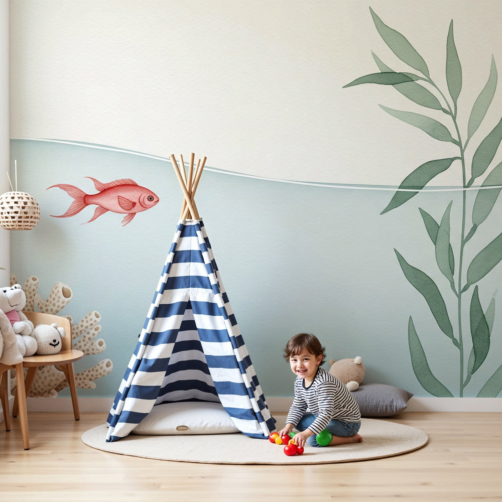 Ocean fish mural wallpaper in baby nursery with coral garden design by Kids-Mundo