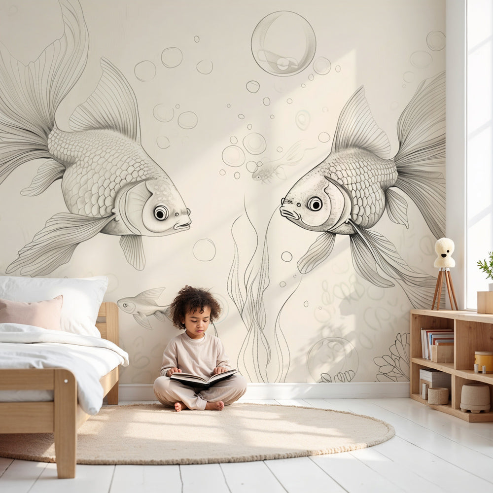 Ocean fish mural wallpaper with golden fish and bubbles in modern kids nursery by Kids-Mundo
