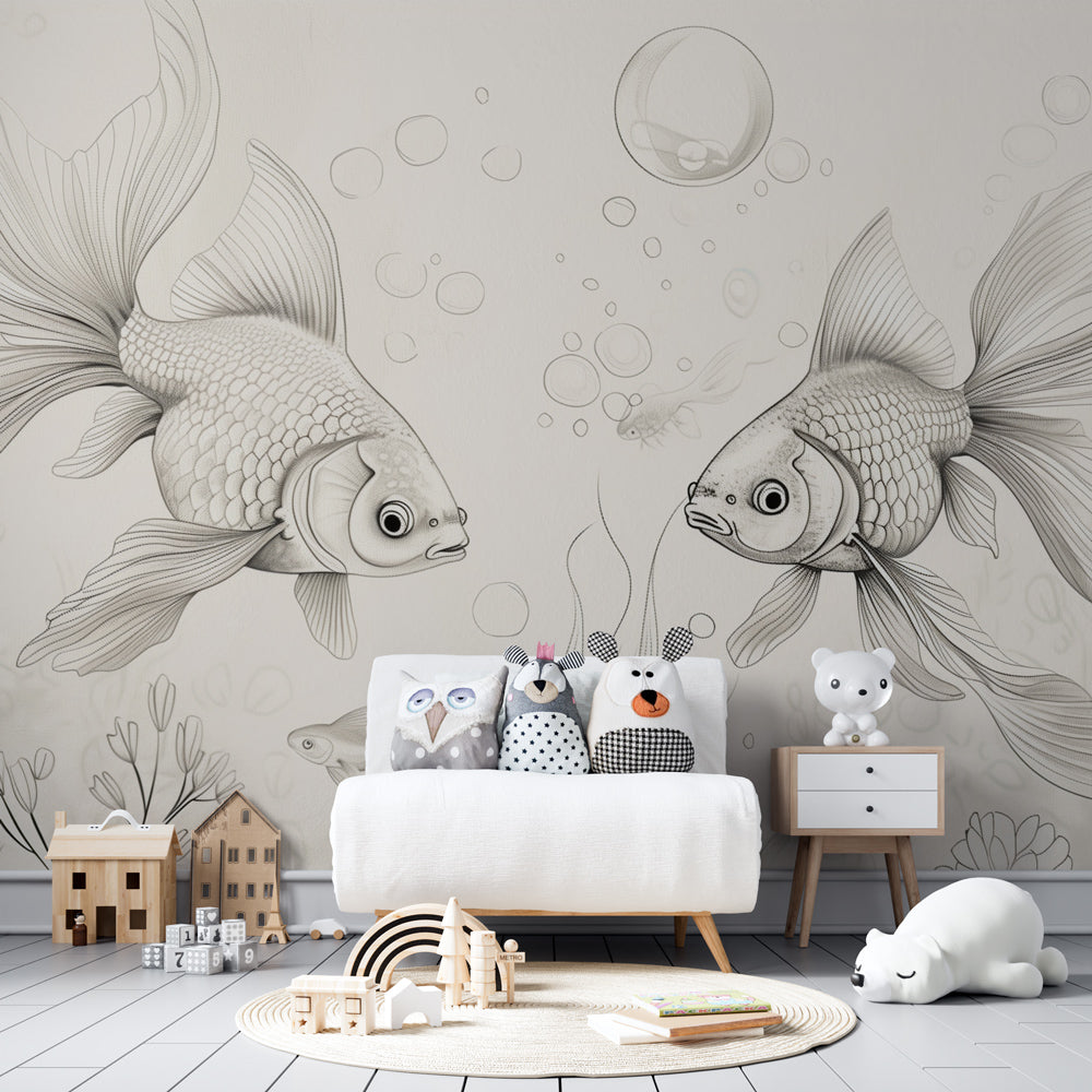 Golden fish and floating bubbles mural wallpaper transforming kids playroom into ocean sanctuary