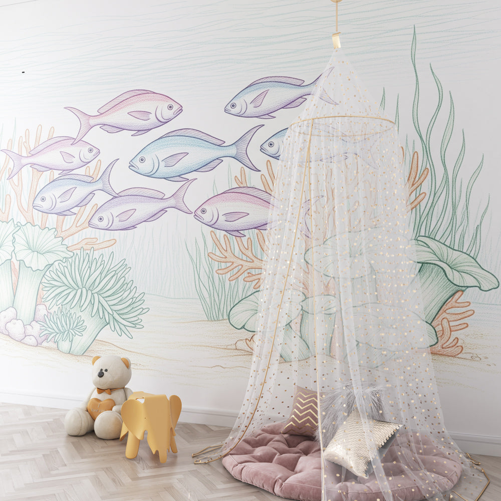 Colorful fish and coral mural wallpaper for kids playroom creating aquatic adventure space