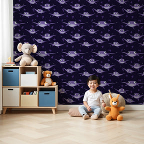 Ocean fish mural wallpaper in purple nursery creating magical underwater atmosphere by Kids-Mundo
