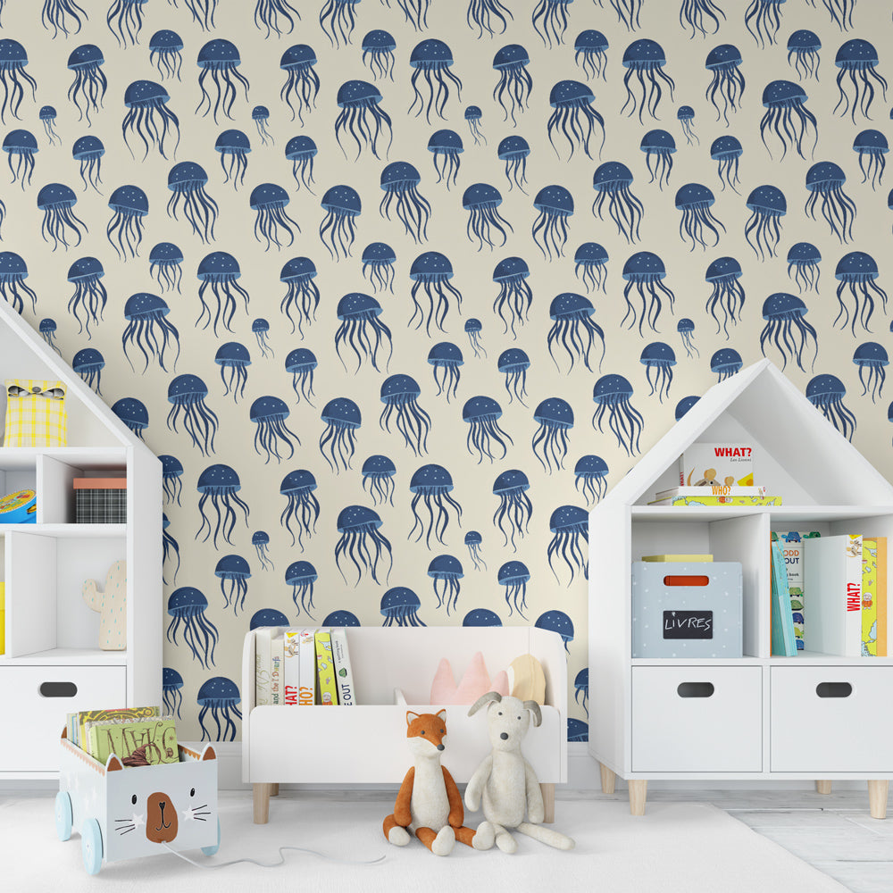 Blue marine jellyfish wallpaper in modern kids bedroom setting by Kids-Mundo