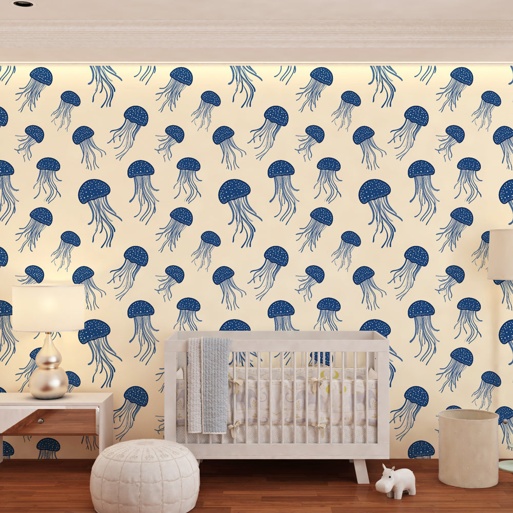 Marine jellyfish pattern wallpaper complementing coastal themed children's room decor