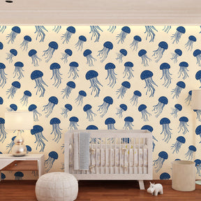 Marine jellyfish pattern wallpaper complementing coastal themed children's room decor