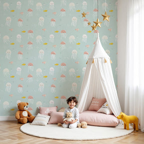 Ocean jellyfish mural wallpaper in peaceful blue nursery with sea life theme by Kids-Mundo