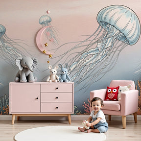 Ocean jellyfish mural wallpaper in modern nursery with coral reef design by Kids-Mundo