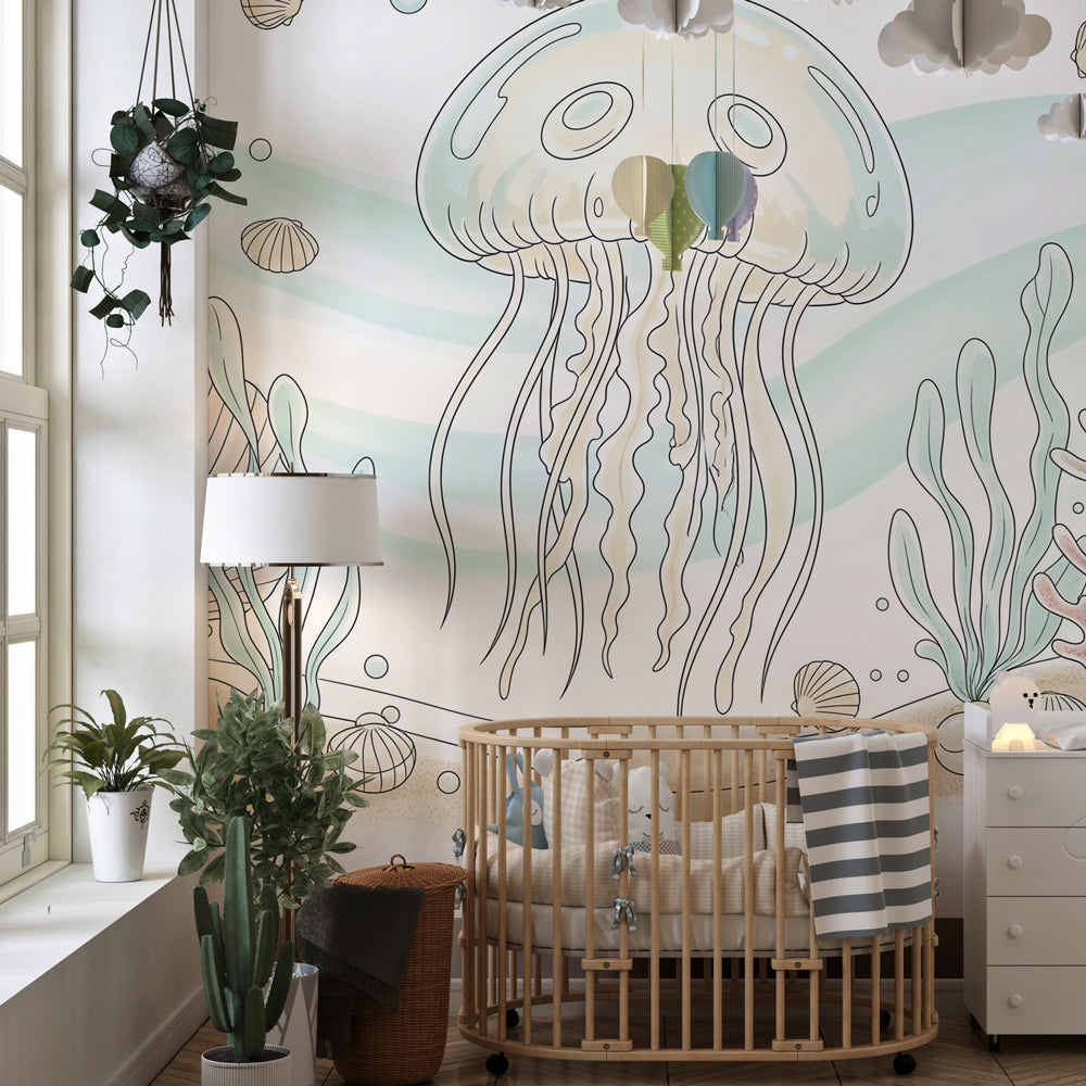 Marine themed jellyfish wallpaper transforming children's playroom into underwater world