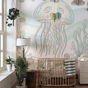 Marine themed jellyfish wallpaper transforming children's playroom into underwater world