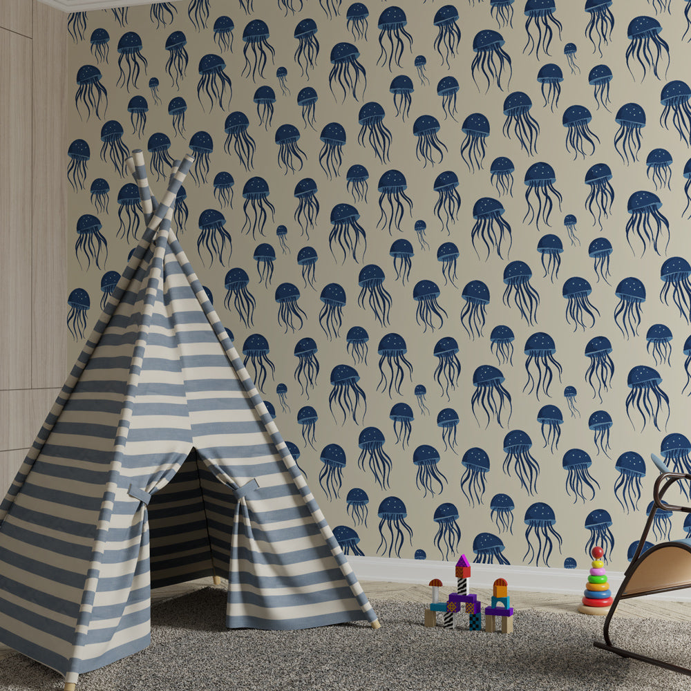 Calming jellyfish mural wallpaper transforming children's room into underwater sanctuary