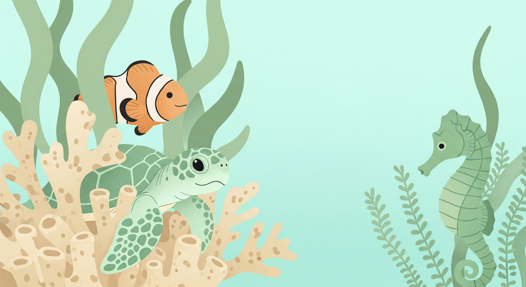 Detailed ocean life mural wallpaper design pattern featuring turtle and seahorse by Kids-Mundo