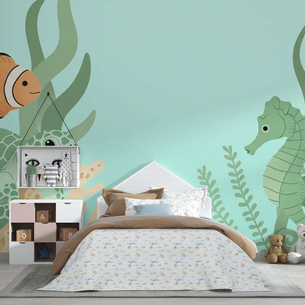 Marine themed mural wallpaper creating underwater atmosphere in children's bedroom