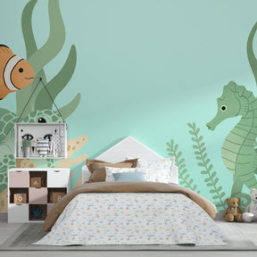 Marine themed mural wallpaper creating underwater atmosphere in children's bedroom