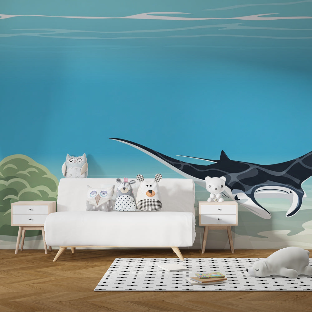 Coral reef manta ray wallpaper transforming children's bedroom into marine sanctuary