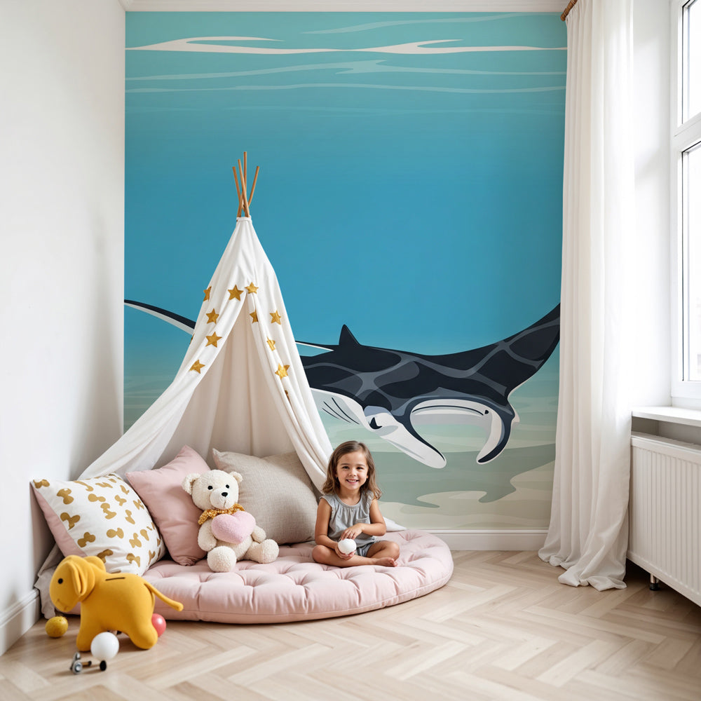 Ocean manta ray mural wallpaper creating serene underwater nursery decor by Kids-Mundo