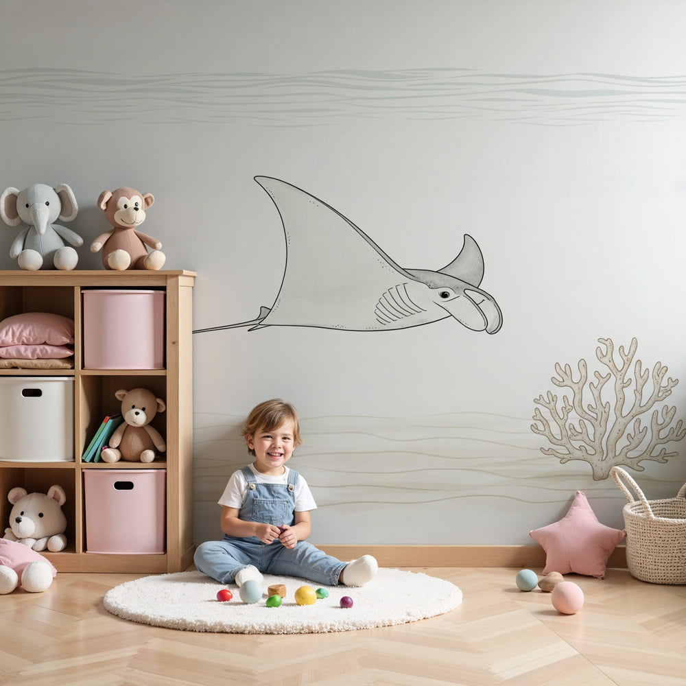 Ocean manta ray mural wallpaper creating peaceful underwater nursery decor by Kids-Mundo