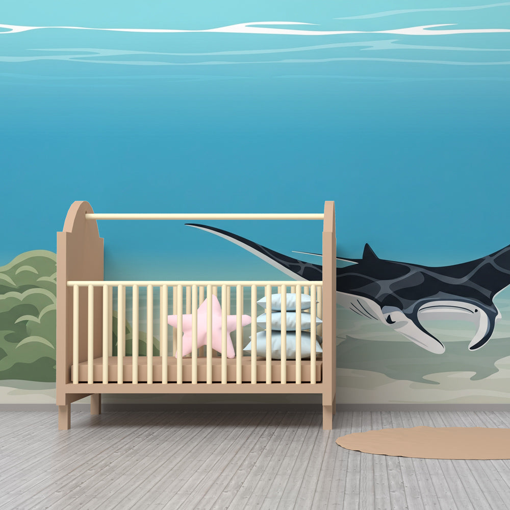 Underwater themed mural wallpaper with manta ray for kids playroom by Kids-Mundo